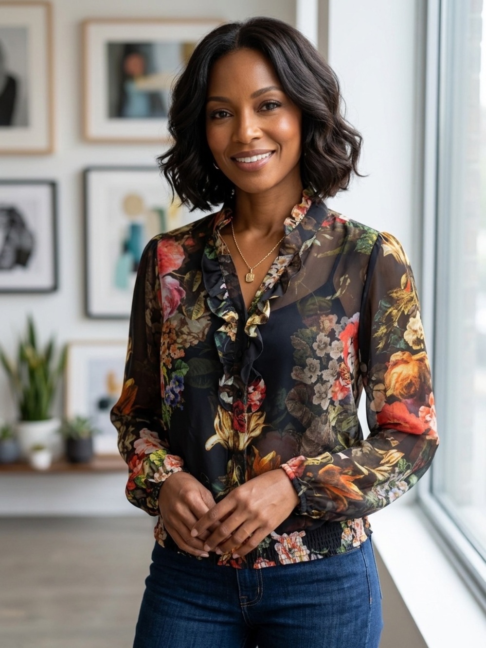 Connie Black Sheer Floral Ruffle Blouse